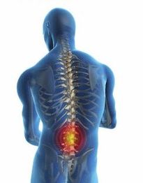 Transparent human silhouette with red highlighted lower spine, indicating back pain.