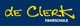 Logo mit gelber Schrift "de Clerk" und weißem Text "Fahrschule" auf blauem Hintergrund.