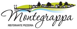Logo del ristorante pizzeria Montegrappa con silhouette di case e alberi sopra il nome.