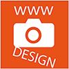 Weißer Kamerasymbol auf orangenem Hintergrund mit den Worten "WWW" und "DESIGN".
