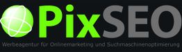 Logo von PixSEO mit grünem Globus-Symbol. Text: "Werbeagentur für Online­marketing und SEO".