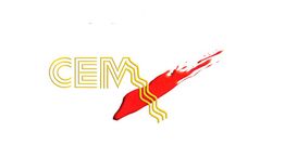 Logotipo con las letras "CEM" y una pincelada roja vibrante.