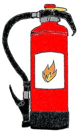 Roter Feuerlöscher mit schwarzem Schlauch und Flammensymbol auf dem Etikett.