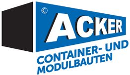 Logo von Acker, Container- und Modulbauten, mit blauem und schwarzem Design.
