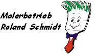Fröhlicher Pinsel mit grünen Borsten, daneben der Text „Malerbetrieb Roland Schmidt“.