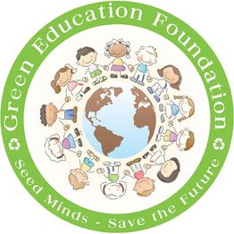 Children holding hands around Earth, surrounded by "Green Education Foundation" text and green border.