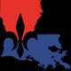 Red fleur-de-lis over a blue map of Louisiana on a black background.
