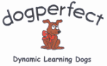 Logo: "dogperfect", gezeichneter Hund mit roter Schleife, Text: "Dynamic Learning Dogs".