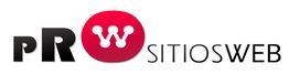 Logo de "PR W Sitios Web" con fondo rojo y negro.