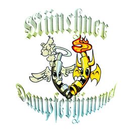 Comic-Stil mit zwei Schläuchen, Flügeln, heiligem Schein, Flammen, Text: "Münchner Dampferehimmel".