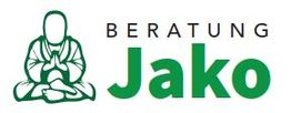 Logo mit einer meditierenden Figur und dem Text "Beratung Jako" in Grün.