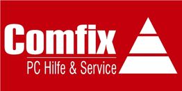 Rotes Logo mit weißem Text "Comfix PC Hilfe & Service" und einem dreieckigen Symbol rechts.