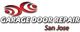 Logo for Garage Door Repair San Jose with red spiral design elements above the text.