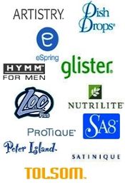 Verschiedene Markenlogos auf weißem Hintergrund: Artistry, eSpring, Nutrilite, Glister und mehr.