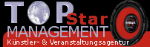 Logo der "Top Star Management" Künstler- und Veranstaltungsagentur mit Weltkugel und Lautsprecher.