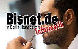 Bisnet.de-Logo mit Text "Informatik", Mann im Hintergrund hält eine Brille in der Hand.