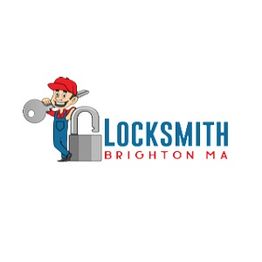 Cartoon locksmith with a key and padlock beside "Locksmith Brighton MA" logo.