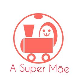 Desenho minimalista de um trem com um rosto sorridente, sob o texto "A Super Mãe" em vermelho.