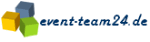 Drei bunte Würfel neben dem Schriftzug "event-team24.de" in blauer Kursivschrift.