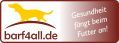 Logo mit gelbem Hund, Text "barf4all.de" und Slogan "Gesundheit fängt beim Futter an".