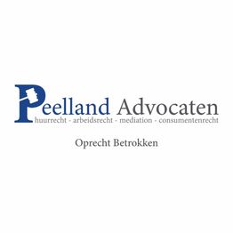 Logo van Peelland Advocaten met tekst over rechtsgebieden en slogan "Oprecht Betrokken".