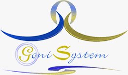 Geschwungene blaue und goldene Linien formen das Logo mit dem Text "Goni System".