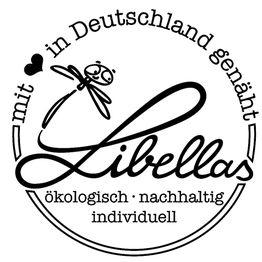 Runder "Libellas"-Aufnäher mit Libelle, Herz und Schlagwörtern: ökologisch, nachhaltig, individuell.