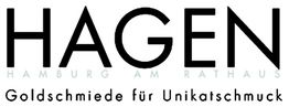 „HAGEN Hamburg am Rathaus, Goldschmiede für Unikatschmuck“ steht in schwarzer Schrift auf Weiß.