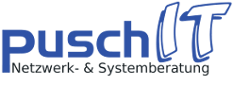 Blaues Pusch IT-Logo mit Text "Netzwerk- & Systemberatung".