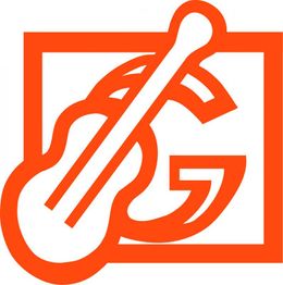 Orange Gitarrenlogo mit stilisiertem „G“ in einem quadratischen Rahmen.