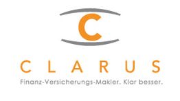 Logo von Clarus mit Auge, Text: "Finanz-Versicherungs-Makler. Klar besser."