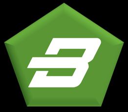 Groene vijfhoek met wit symbool dat lijkt op een gestileerde hoofdletter "B".