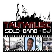 Logo von Taunamusic, Solo-Band und DJ, mit Musiknoten und Fotos von Musik-Equipment.