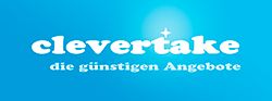 Logo mit Text "clevertake - die günstigen Angebote" auf blauem Hintergrund.