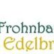 Logo mit Text "Frohnbachtaler Edelbrände", Flasche, Glas und Frucht-Symbol.