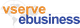 Logo with text "vserve ebusiness" overlaid on a world map silhouette.