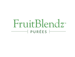 Logo of FruitBlendz Purees with green text and horizontal lines on a white background.