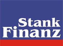 Weiße Schrift "Stank Finanz" auf blauem Hintergrund mit rotem Streifen.