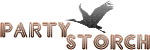 Schriftzug "PARTY STORCH" mit fliegendem Storch-Symbol oberhalb des Wortes.