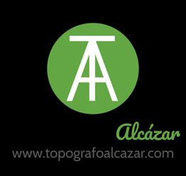 Logotipo de Alcázar en verde con trípode blanco y texto "www.topografoalcazar.com".