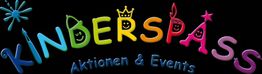 Bunte Buchstaben "Kinderspaß: Aktionen & Events" mit symbolischen Verzierungen auf schwarzem Hintergrund.