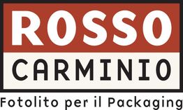 Logo "Rosso Carminio" con testo: "Fotolito per il Packaging" su sfondo bianco e rosso.