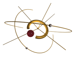 Künstlerische Atomdarstellung mit goldenen Umlaufbahnen und bunten Kugeln auf schwarzem Hintergrund.