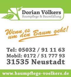 Grünes Logo mit Text: Dorian Völkers Baumpflege, Kontaktdaten und Website: baumpflege-voelkers.de.