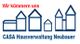 Grafik mit blauen Häusern, Text: "Wir kümmern uns CASA Hausverwaltung Neubauer".