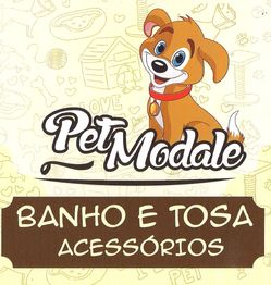 Desenho de cachorro sorrindo, com texto: "Pet Modale - Banho e Tosa Acessórios".