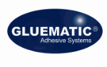 Blaues Logo mit weißem Text "GLUEMATIC Adhesive Systems" auf ovalem Hintergrund.