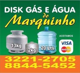 Disk Gás e Água do Marquinho: botijões de gás e galão de água. Aceita Visa e Mastercard.