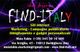 Web agency "FIND-ITALY" con contatti e servizi su sfondo scuro con linee colorate.