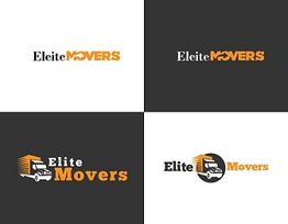 Four variations of the "Elite Movers" logo with a moving truck and orange text on white and black backgrounds.